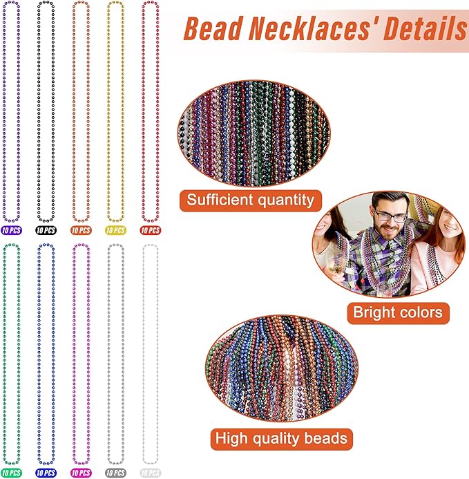100PCS Mardi Gras Beads, Colorful Beads Necklace Toy Party Favors, 33" Bead Costume Accessories Bulk, Festival Mardi Gras Parade Throw Accessories Wedding Birthday Celebrations Decor