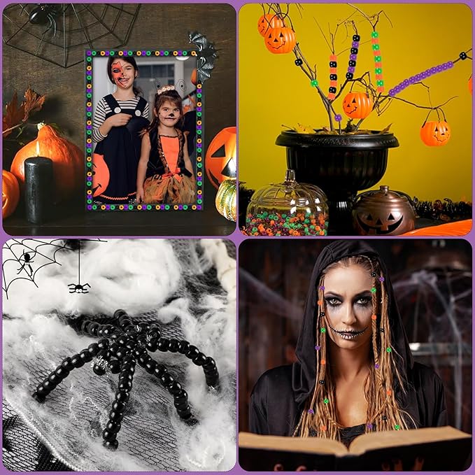 UPINS Halloween Pony Beads,1200Pcs Black Purple Orange Green Round Plastic Beads for Jewelry Making Halloween Party Decoration Necklace Bracelets Earrings Hair Beads DIY Crafts