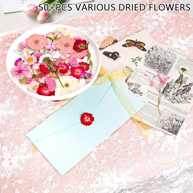 50Pcs Dried Pressed Flowers Real Pressed Flowers Natural Dry Leaves Bulk Mixed Colorful Herbs Kit with Tweezers for Scrapbooking DIY Candle Jewelry Crafts Making Nails (Pink)