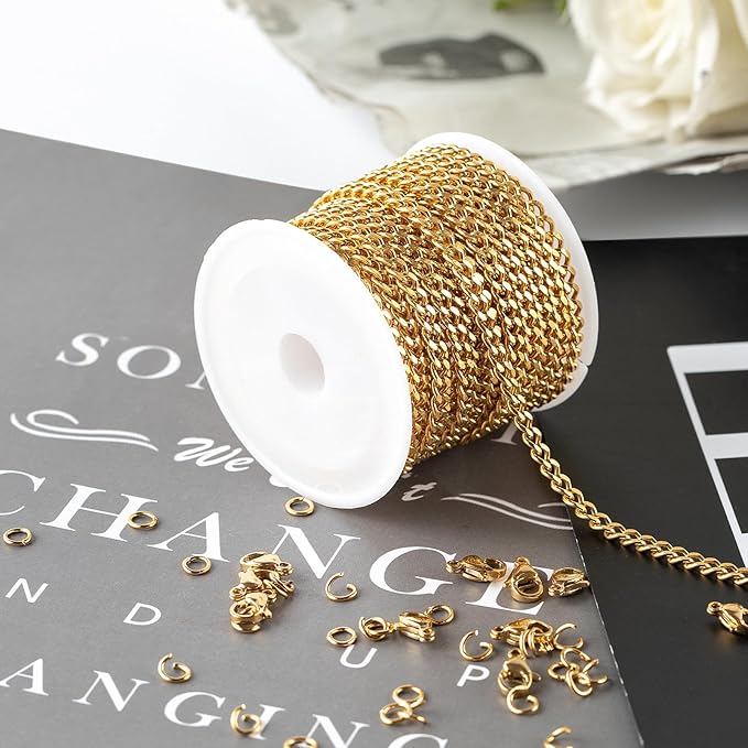 Kyutong 16.4 Feet Gold Plated Craft Chains for Jewelry Making Stainless Steel Curb Chain Roll for Women Men Necklace Bracelet DIY Supplies Findings
