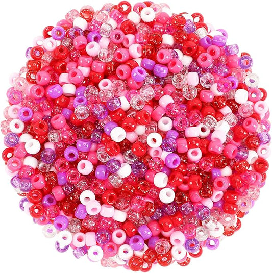 UPINS Valentine's Day Pony Beads, 1200Pcs Glitter Pink Red Purple Round Plastic Pony Beads for Jewelry Making DIY Crafts Valentines Party Decoration Necklace Bracelets Romantic Accessories (10 Colors)