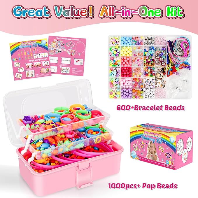 FUNZBO 1600 Pcs Pop Beads with Bracelet Making Kit, Jewelry Making Kit for 3 4 5 6 7 8 9 Year Old Little Girls, Arts and Crafts Toys for Kids, Necklace Bracelet Ring Creativity Holidays Birthday Gifts