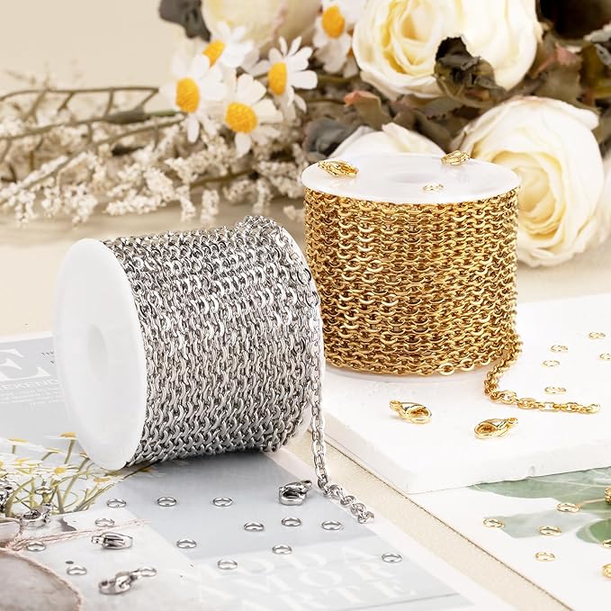 SMYHTGLIF 32.8 Feet Stainless Steel Chain for Jewelry Making 2 Rolls Gold and Silver Jewelry Making Chains Craft Chain Roll Oval Cable Bulk Chain Jewelry Supplies