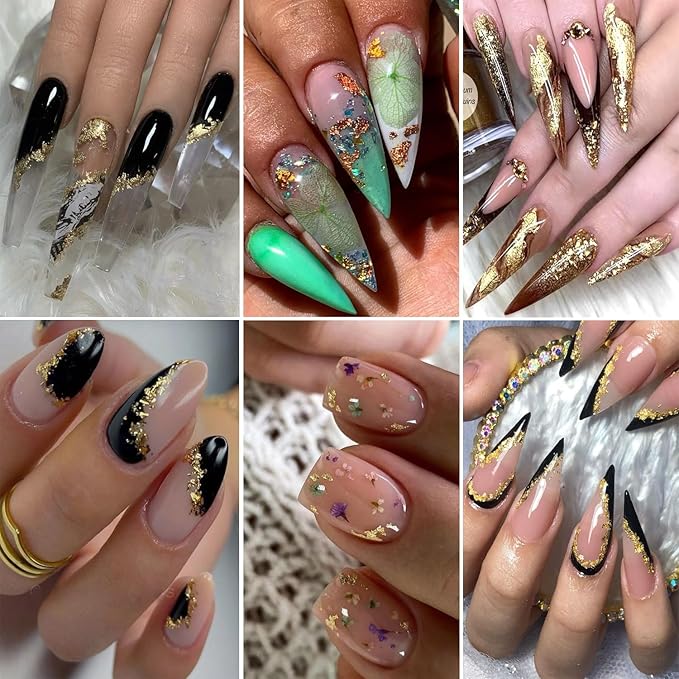 Holographic Glitter Nail Art Gold Foils,12 Colors Sparkly Champagne color and silver line Ultra-Thin Aluminum Flakes Design, Irregular Nail Sequins Acrylic Manicure Accessories DIY Charms 3D Nail Tips