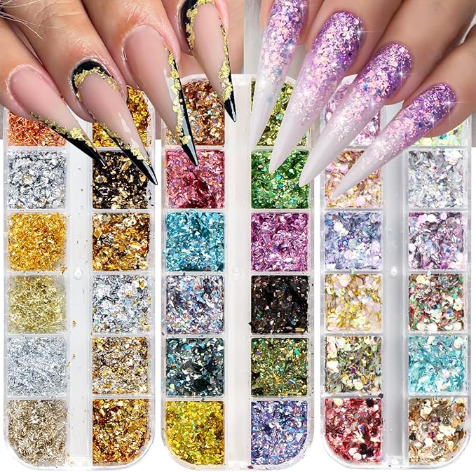 Holographic Nail Glitter Foils Sequins, 36 Colors Sparkly Ultra-Thin Aluminum Foil Nail Art Flakes and Shiny Glitters Mermaid Paillettes Acrylic Supplies for Women Manicure DIY Decorations