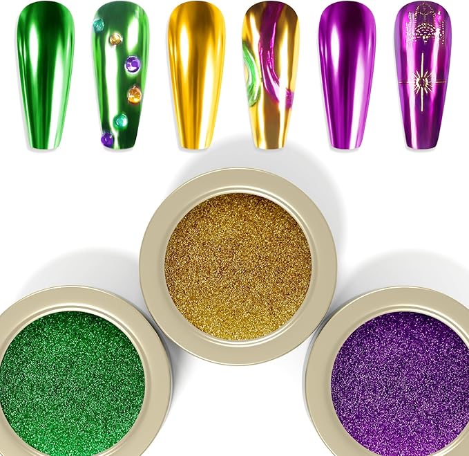 Laza 3 Colors Mardi Gras Chrome Nail Powder Mirror Effect Metallic Dust Holographic Glitter Manicure Decoration Reflective Pigment for DIY Gel Polish Nail Art, Resin Craft, Gifts - Gold Green Purple