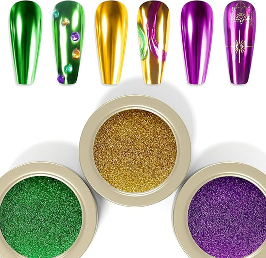Laza 3 Colors Mardi Gras Chrome Nail Powder Mirror Effect Metallic Dust Holographic Glitter Manicure Decoration Reflective Pigment for DIY Gel Polish Nail Art, Resin Craft, Gifts - Gold Green Purple