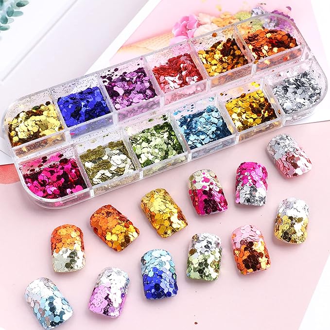 Holographic Mermaid Glitter Nail Art Sequins, 3D Geometry Hexagon Sparkly Nail Flakes, Laser Glitters Acrylic Nails Supplies for Women Girls Manicure Charms Decorations, DIY Resin Shiny Nail Art Tips