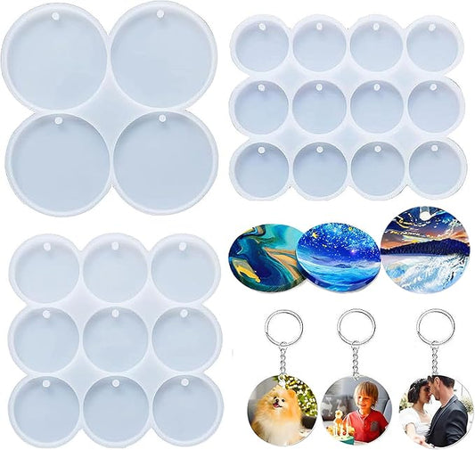 Loyohep Resin Molds Silicone 25-Cavity Set of Large + Medium + Small Shiny Flat Circle Silicone Molds for Resin, Drilled Round Resin Keychain Molds, Earring Molds, Pendant Molds,Pet Tag Resin Molds