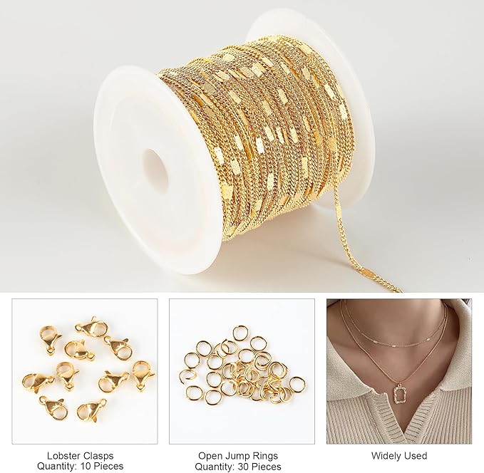 Kyutong 32.8 Feet Gold Plated Jewelry Making Chain on Spool Thin Flat Curb Chains Solid Stainless Steel Jewelry Chain for Necklace DIY with Jewelry Accessories