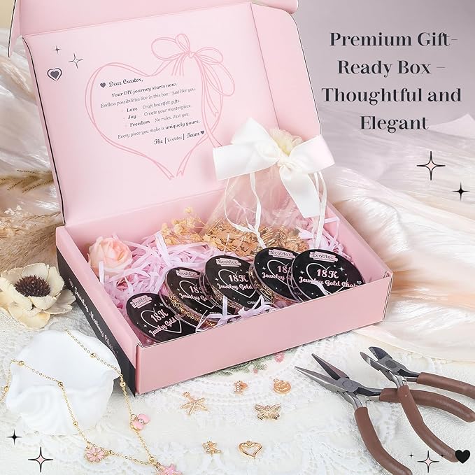 Ecoofor 18K Gold Jewelry Making Kit with Gift Box - 16.6ft 5 Rolls DIY Bracelet & Necklace Chains with 136 Pendants, Jump Rings, Lobster Clasps, Jewelry Pliers & Charm Making Kit, Christmas Gift