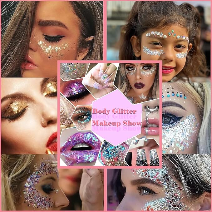 Body Glitter Face Glitter Gel: Singer Concerts Disco Festival Rave Accessories Face Glitter Makeup 150ml Chunky Sequins Mermaid Face Body Hair Glitter Gel (Pink+Blue+Purple+Rose+White+Silver+Gold)