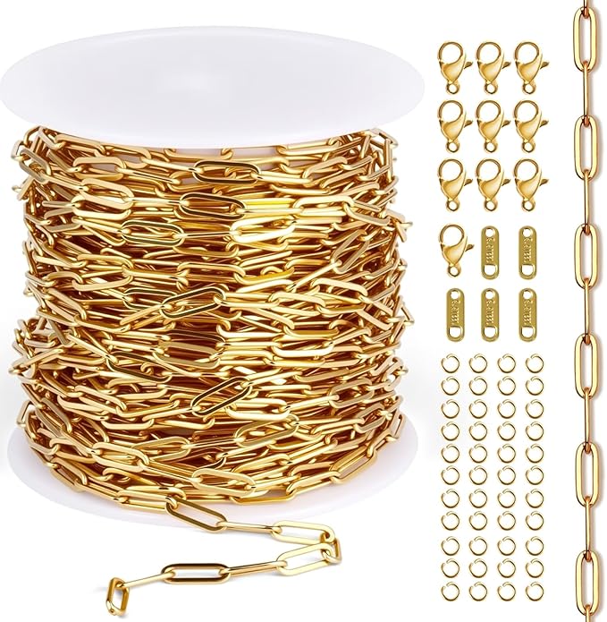 16.4Ft Paperclip Chains Rolls, Charm Necklace Chain 3.2mm Width，18K Gold Necklace Chain for Jewelry Making，Plated Charm Making kit with 10 Lobster Clasps and 60 Jump Rings
