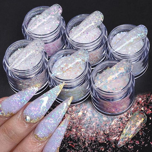 6 Boxes Irregular Chameleon Flakes Nail Glitter Chunky Glitter Aurora Opal Holographic Nail Sequins Mermaid Confetti Color Nail Foil Flakes Manicure Decoration Manicure DIY Designs for Nails Art