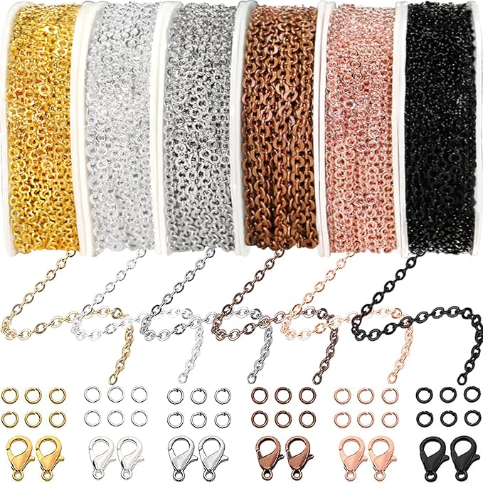 Jishi 60ft Jewelry Necklace Chains 2mm Jewelry Chain Links for Making Bracelets Earrings DIY Craft Supplies Findings, 6-Colors Gold Silver Copper Plated Metal Cable Rolo Link Chain Rolls Bulk