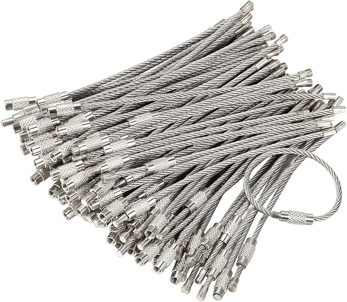 bayite Pack (100) Stainless Steel Wire Keychains Cable, Key Chain Rings, Heavy Duty Luggage Tags Loops Tag Keepers 2mm Twist Barrel (Cable Length: 4 inches)
