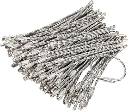 bayite Pack (100) Stainless Steel Wire Keychains Cable, Key Chain Rings, Heavy Duty Luggage Tags Loops Tag Keepers 2mm Twist Barrel (Cable Length: 4 inches)