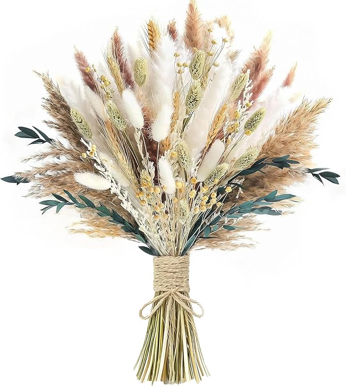 xin's convey 126pcs Dried Pampas Grass Decorations, Dried Flowers Bouquet, Reed Grass Bouquet for Boho Floral Wedding, Bedroom, Rustic Farmhouse Decor.