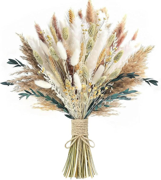 xin's convey 126pcs Dried Pampas Grass Decorations, Dried Flowers Bouquet, Reed Grass Bouquet for Boho Floral Wedding, Bedroom, Rustic Farmhouse Decor.