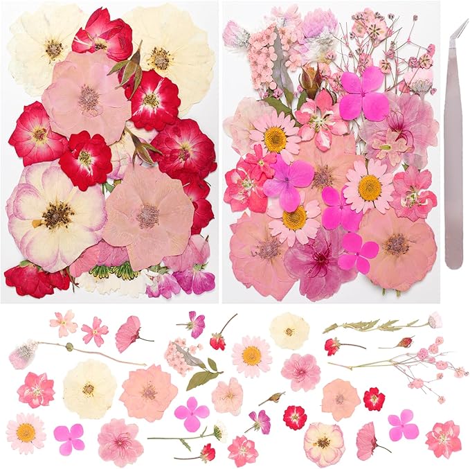 50Pcs Dried Pressed Flowers Real Pressed Flowers Natural Dry Leaves Bulk Mixed Colorful Herbs Kit with Tweezers for Scrapbooking DIY Candle Jewelry Crafts Making Nails (Pink)