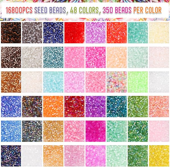 EuTengHao 16800pcs Tube Beads Kit Glass Bugle Seed Beads Small Craft Beads for DIY Crafting Jewelry Making Supplies (3mm, 350 Per Color, 48 Colors)