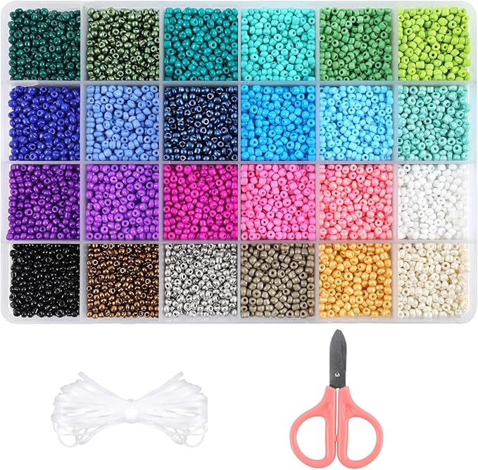 13000pcs 3mm Glass Seed Beads 24 Colors Small Craft Beads Small Beads for DIY Bracelet Necklace Ring Craft Jewelry Making, with Scissor and Two Clear Bracelet String (540pcs per Color