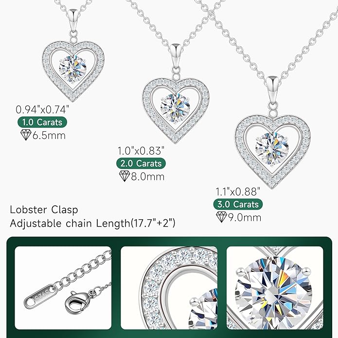 Heart Pendant Necklace for Women: Luxury Gift for Wife Girlfriend Mom/Her - 3ct D Color Moissanite - Gold Jewelry with Gift Box- Hypoallergenic & Adjustable Chain - Daily & Special Occasion Wear