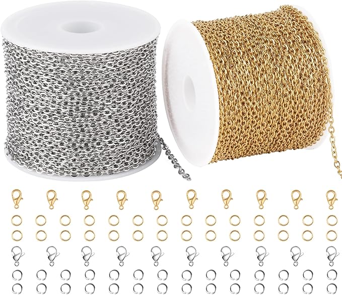 SMYHTGLIF Total 65.6 Feet Gold & Silver Jewelry Making Chains 2 Rolls Stainless Steel Chain for Jewelry Making Thin Oval Cable Chain Craft Chain Bulk
