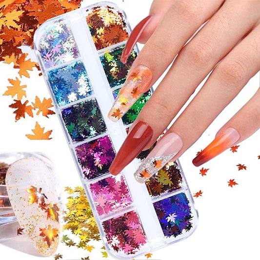 Maple Leaf Glitter Nail Art Sequins, 3D Fall Leaves Glitters Flakes Decor, Autumn Maple Leaves Shape Nail Art Design Supplies for Women Girls Manicure Charms Decorations Holiday Resin Nail Art Tips