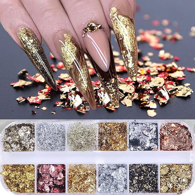 Holographic Glitter Nail Art Gold Foils,12 Colors Sparkly Champagne color and silver line Ultra-Thin Aluminum Flakes Design, Irregular Nail Sequins Acrylic Manicure Accessories DIY Charms 3D Nail Tips