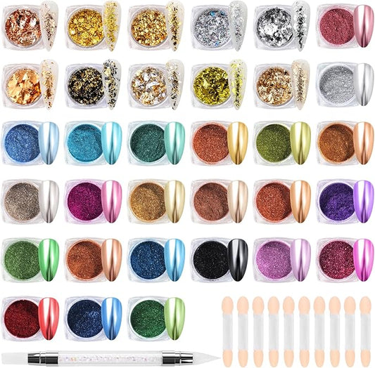 Brtavizvy 23 Color Chrome Nail Powder,10 Color Irregular Foil Flakes Glitter,Gold Flakes for Nails Decoration Art Holographic Chunky for Women Girls Manicure Supplies