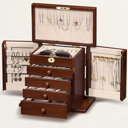 Lockable Wooden Jewelry Box for Women - 8-Layer Dresser Top Jewelry Boxes and Organizer with Key,Large Storage for Necklaces,Solid Wood Jewelry Organizers with Necklace Hooks