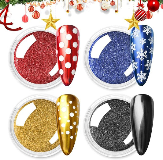 Allstarry Christmas Chrome Nail Powder, 4 Colors Metallic Mirror Effect Blue Gold Red Chrome Powder Manicure Chrome Pigment Glitter Dust Kit for Gel Polish Nail Art Decoration - Ruby Sapphire Series