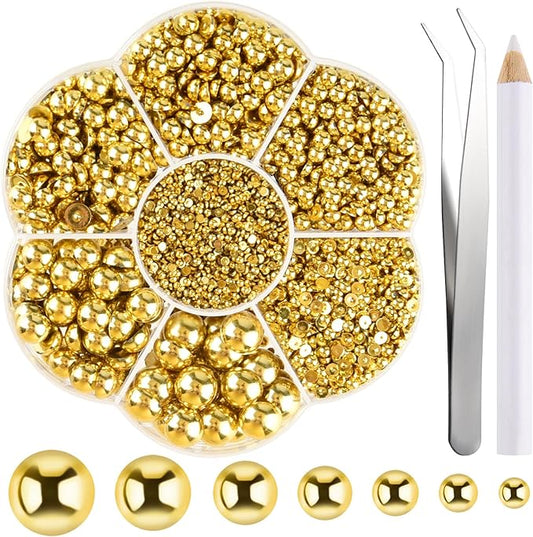 NACHLYNN 6480 Pcs Flat Back Pearl 7 Sizes Half Round Beads Gold for Crafts Embellishment Shoes Clothes Bags DIY Making