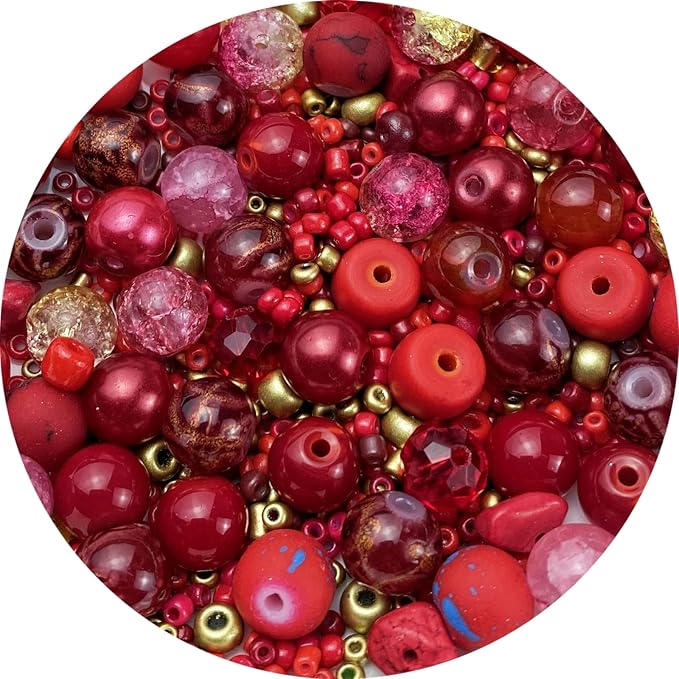 Assorted Glass Resin Beads Multi Size Colors Smooth Cracked Gravel Millet Spacer Beads for Bracelets Necklace Earring DIY Jewelry Making Craft(Red Series)