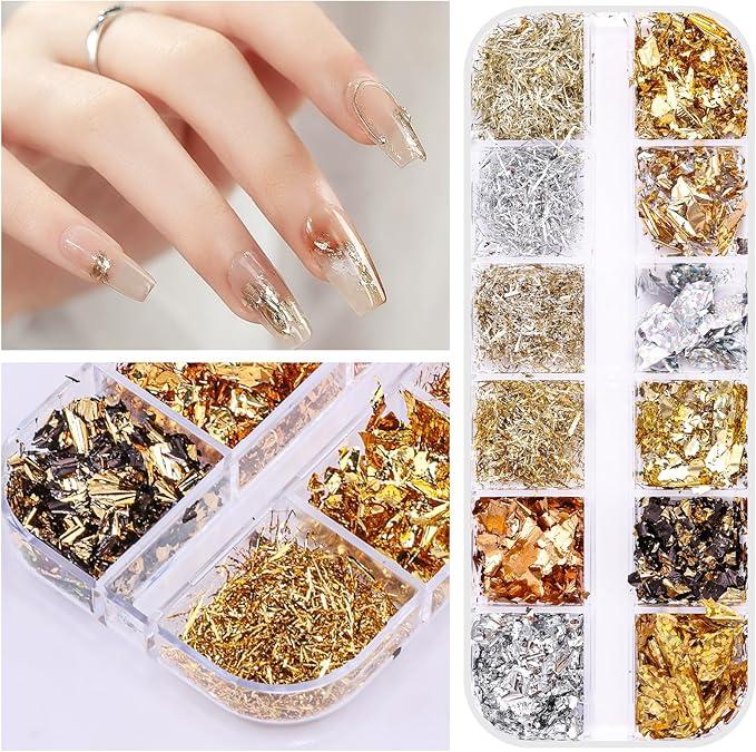 5 Boxes 60 Colors Holographic Nail Glitter Gold Foils Kit, Nail Foil Flakes Laser, 3D Irregular Thin Foil Nail Art Flakes Design Nail Sequins Supplies for Manicure Body Makeup Craft DIY