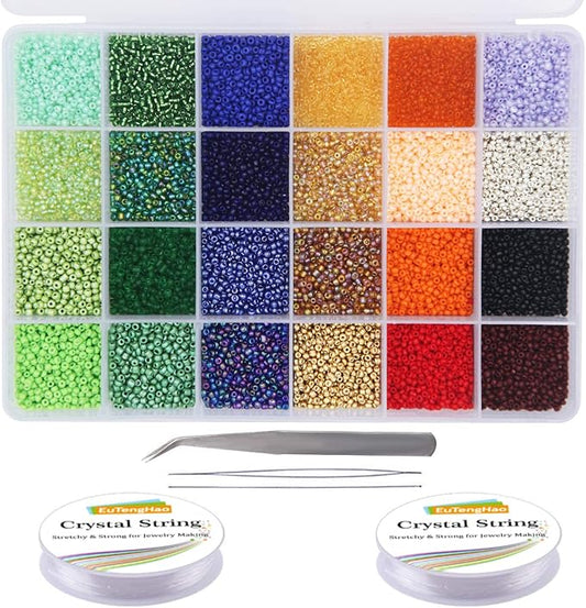 EuTengHao 14400pcs Glass Seed Beads Small Craft Beads for DIY Bracelet Necklaces Crafting Jewelry Making Supplies with Two 0.5mm Clear Bracelet String (600Pcs Per Color, 24 Colors)