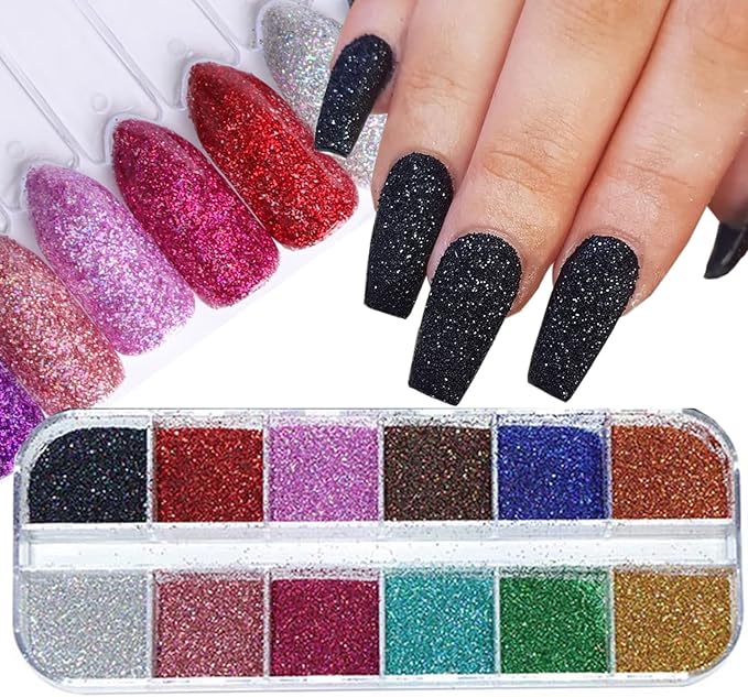 12 Colors Chrome Glitter Nail Powder, Holographic Laser Sparkly Nail Pigments Nail Art Designs, Women Manicure Tips Charms Decorations, Acrylic Nails Powder for Nail Art Gel Polish Dipping Liquid