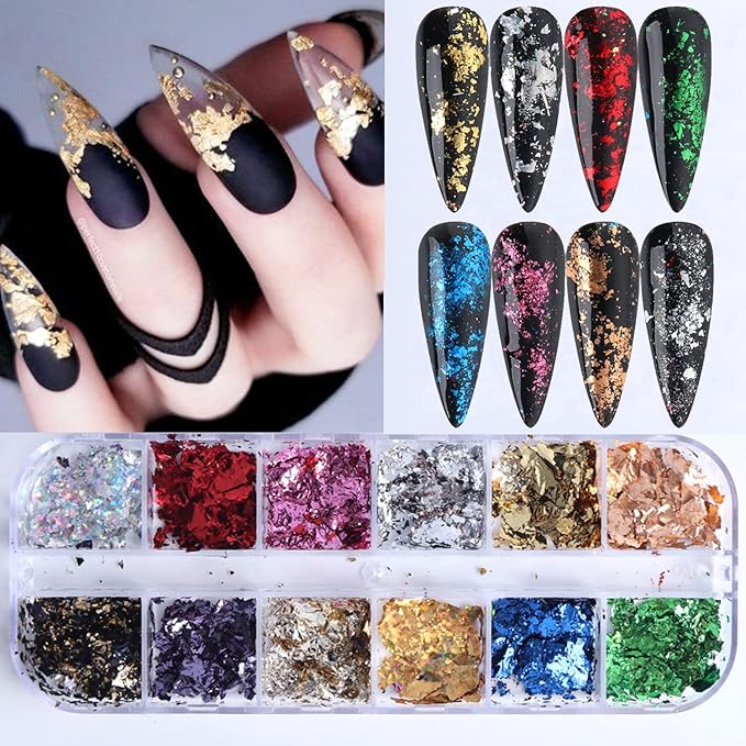 Nail Art Glitter Foils, Holographic Laser Sparkly Nail Art Flakes Sequins, 12 Colors Ultra-Thin Aluminum Nail Art Foil Design Supplies for Women Manicure Shiny Decorations, DIY Resin Nail Accessories