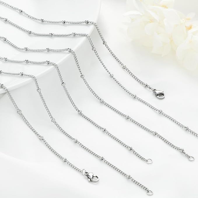 Lezam 12Pcs 24" Stainless Steel Satellite Beaded Necklace Chains Curb Link Chain Bulk for Jewelry Making supplies 2mm