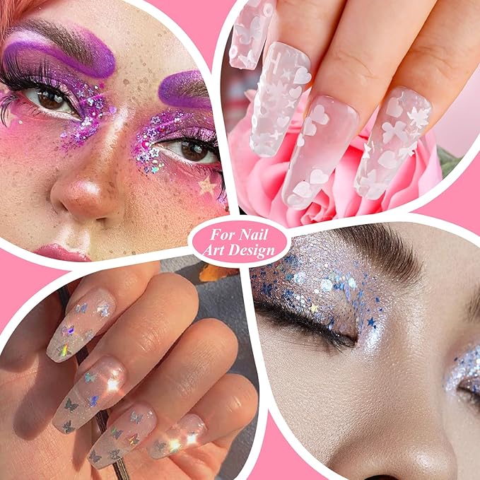 5 Boxes 60 Colors Holographic Nail Art Sequins Kit, Iridescent Sparkle Laser Hollow 3D Star Butterfly Heart Round Mixed-shapes Nail Glitter Flakes for Manicure Body Makeup Craft DIY (1-colorful-kit1)