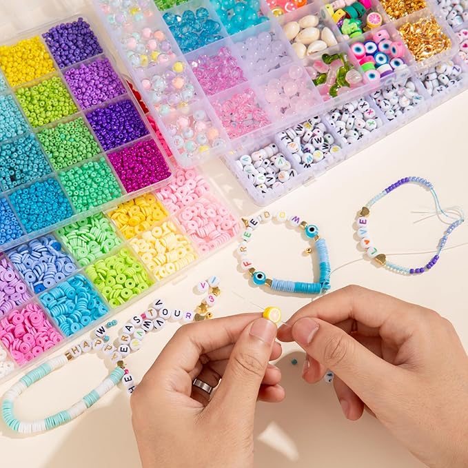 Goldwise Friendship Bracelet Kit - 4 Boxes, 48 Colors Clay & 4mm Seed Beads, Letter Beads, Charms for Jewelry & Bracelet Making for Gifts & Parties