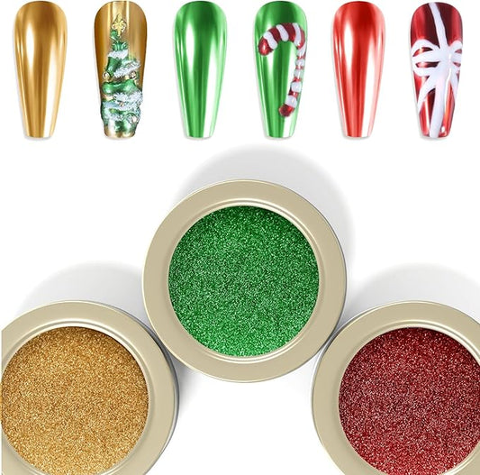 Laza 3 Colors Chrome Nail Powder Mirror Effect Metallic Dust Holographic Glitter Glazed Manicure Decoration Reflective Pigment for DIY Gel Polish Nail Art, Resin Craft, Gifts - Joyful Christmas