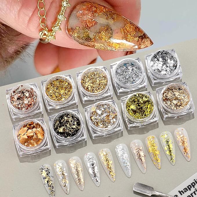 Brtavizvy 23 Color Chrome Nail Powder,10 Color Irregular Foil Flakes Glitter,Gold Flakes for Nails Decoration Art Holographic Chunky for Women Girls Manicure Supplies