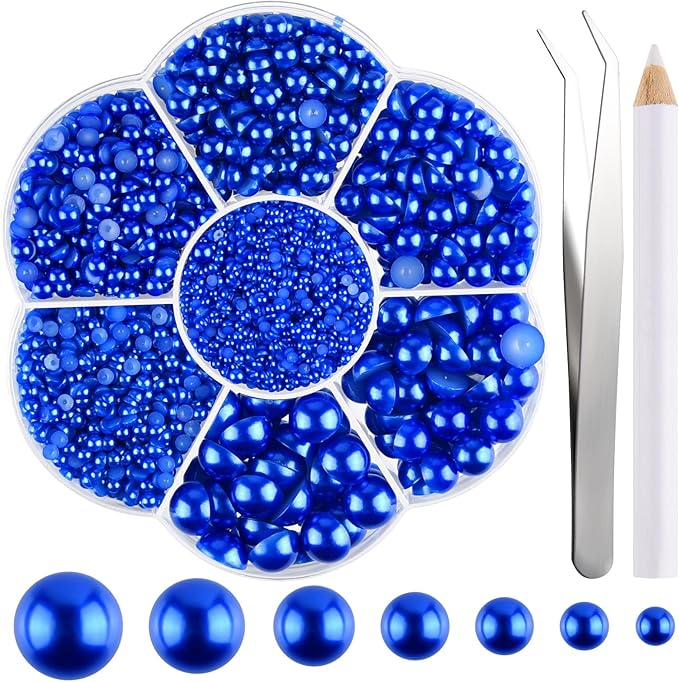 NACHLYNN 6480 Pcs Flat Back Pearl 7 Sizes Half Round Beads Blue for Crafts Embellishment Shoes Clothes Bags DIY Making