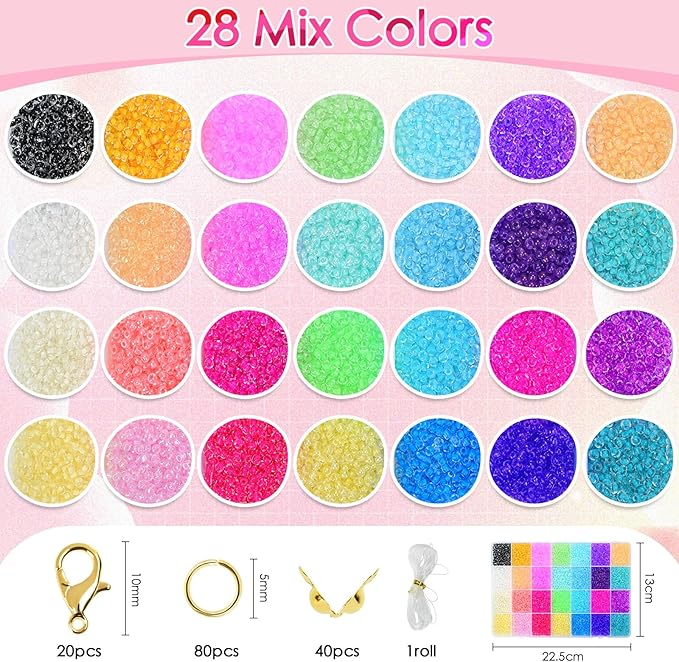 Vtssvow 3mm Glass Seed Beads for Bracelets Making, 28 Colors 11000pcs Friendship Bracelet Making Kit, Small Glass Beads for Jewelry Making (Mix 28 Color, Color Lined)