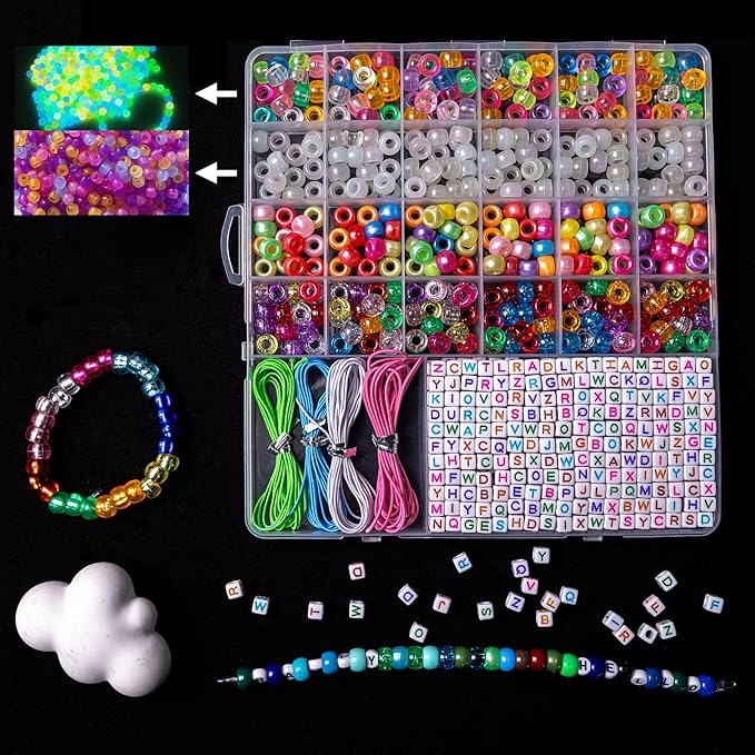 nikkiGuo 6380 PCS Jewelry Making Kit – 24 Colors Seed Beads, 24 Colors Clay, UV Color Changing & Glow Pony, Letter, Mixed Charms, Tools,Gift Box for DIY Bracelets