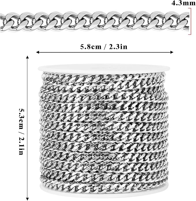 33FT Stainless Steel Cuban Chain Roll 4.3MM Width Diamond-Cut Curb Link Chains Spool Bulk for DIY Crafts Jewelry Making