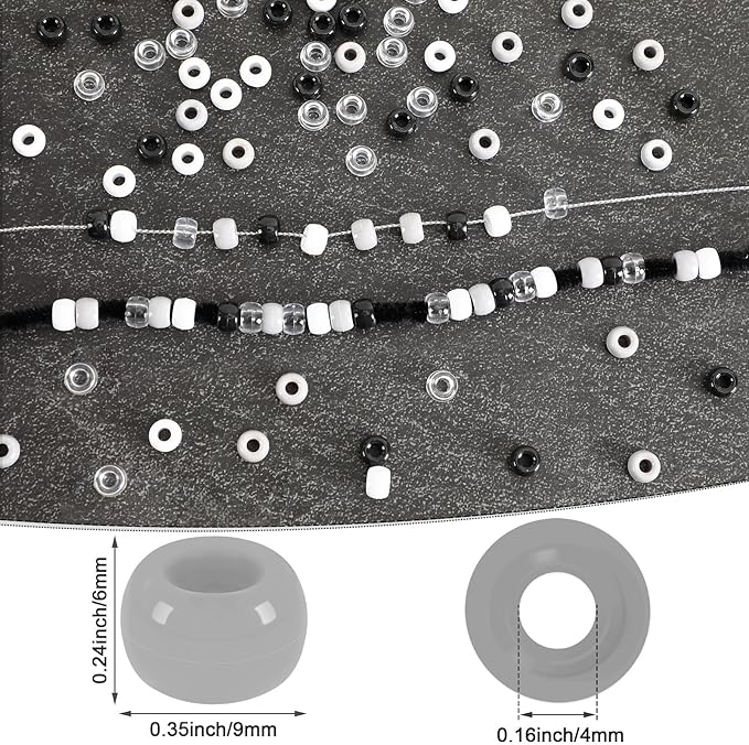 UPINS 1200Pcs Black and White Pony Beads, Halloween Pony Beads Bulk Hair Crafts Grey Transparent Plastic Beads DIY Party Decoration 6 x 9 mm