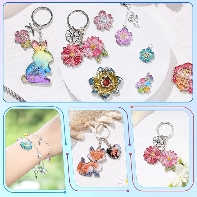 LET'S RESIN Keychain Molds 37Pcs, Silver UV Resin Molds for Beginners, Open Bezel Flower & Animal Molds for Keychain, Jewelry & Pendant Making